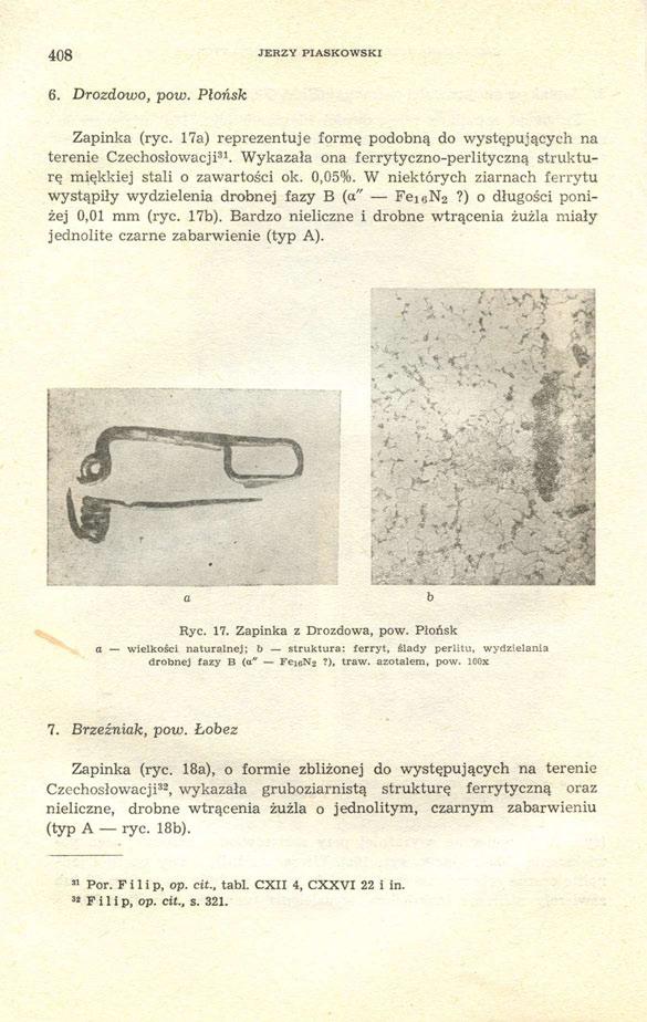 408 JERZY PIASKOWSKI 6. Drozdowo, pow. Płońsk Zapinka (ryc. 17a) reprezentuje formę podobną do występujących na terenie Czechosłowacji 31.