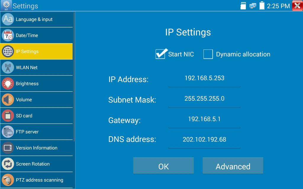 Ustawienia IP: Ustaw manualnie adres IP, maskę podsieci, domyślną bramę oraz adres DNS lub wybierz Przydział