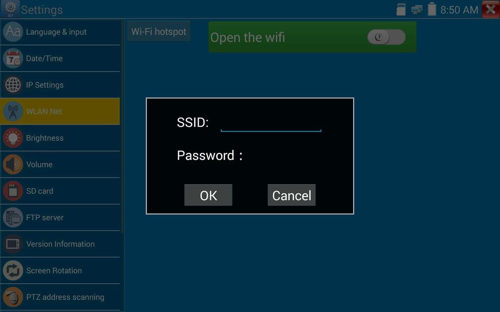 Wybierz i przytrzymaj WiFi przez kilka sekund w celu ustawienia statycznego adresu IP. Hotspot WiFi: Wprowadź nazwę SSID oraz hasło, a następnie kliknij OK, aby utworzyć hotspot WiFi.