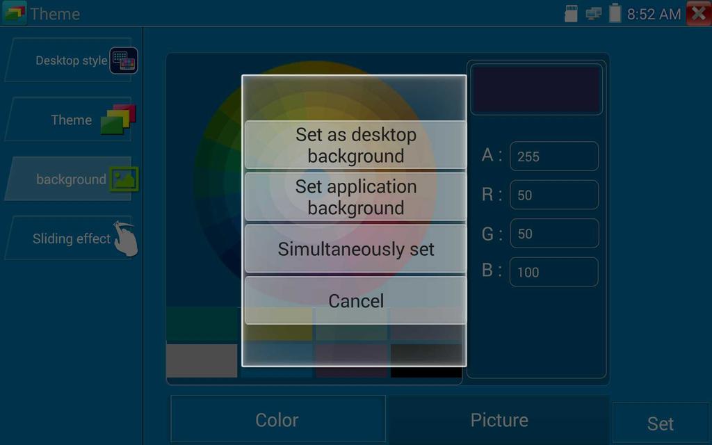 Po zakończeniu ustawień wybierz Ustaw (Set), aby ustawić kolor jako tło pulpitu lub aplikacji. Ustawienie tła pulpitu: Umożliwia ustawienie określonego koloru jako tła pulpitu.