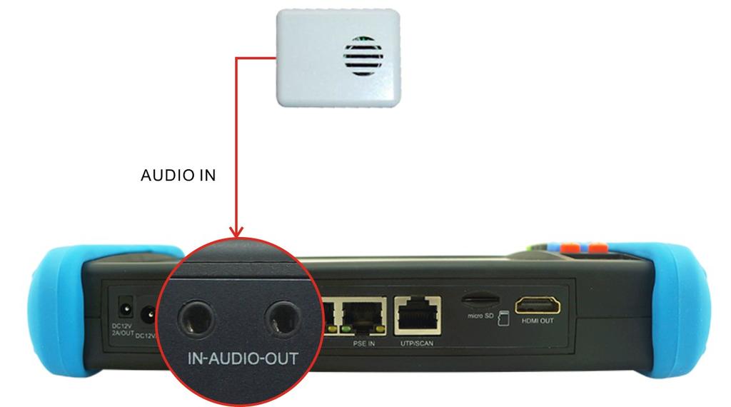 3. 4 Test audio Możesz przetestować wejście dźwięku z urządzeń czujników dźwiękowych, poprzez podłączenie takiego czujnika do testera CCTV, za pomocą dostarczonego przewodu audio. 3.