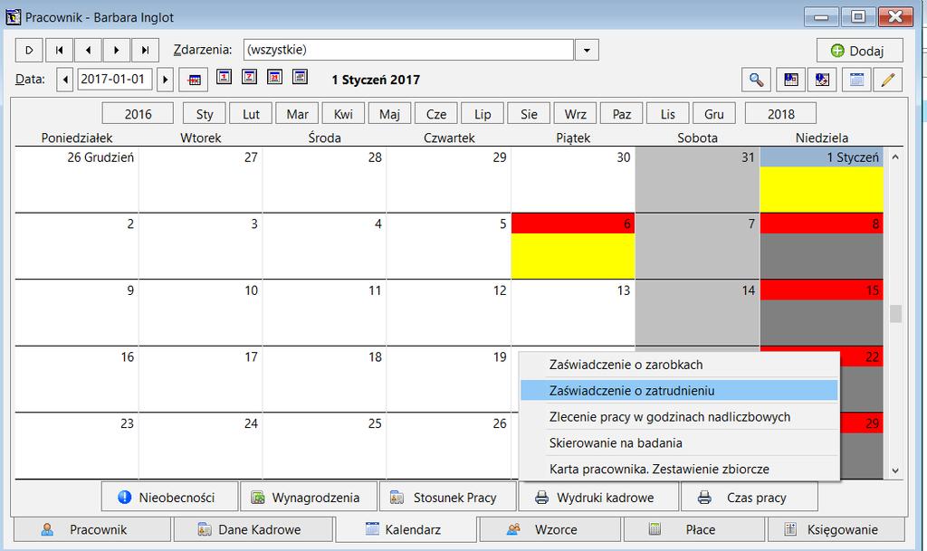 Wystawianie zaświadczeń W tym celu należy z zakładki pracownicy edytować właściwego pracownika ( wskazanego) i będąc w jego kalendarzu z dolnej zakładki -