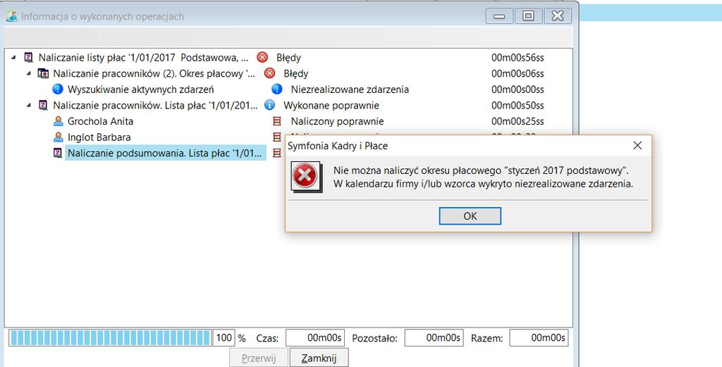 W przypadku kiedy w danych pracownika są błędy to program nie naliczy listy alarmując w sposób podany na zdjęciu.