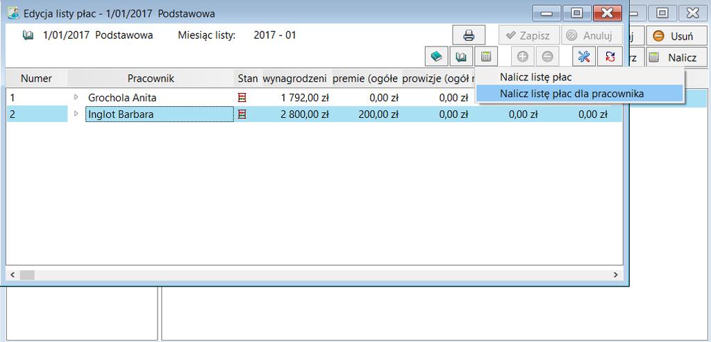 rozwinięciu strzałki przy haśle Pracownik wybieramy polecenie Nalicz listę płac dla pracownika. Aby zamknąć listę płac, wybieramy przycisk Zamknij w oknie Listy płac lub Edycja listy płac.