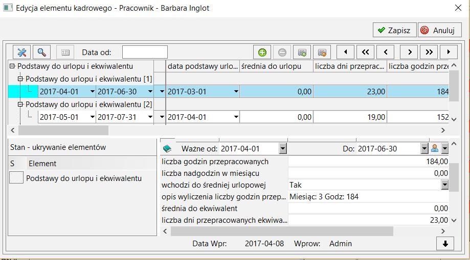 Po wybraniu przycisku Zapisz otwarte zostanie okno Edycja elementu kadrowego Rozliczenie urlopu, gdzie znajdują się informacje dotyczące rozliczenia urlopu.