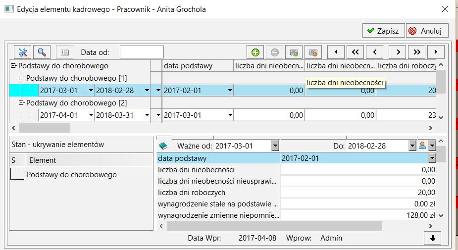 Po wybraniu przycisku Zapisz program otwiera kolejne okno Edycja elementu kadrowego, przedstawiające rozliczenie zasiłku.