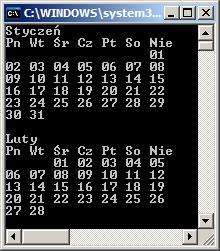 Kod wykorzystujacy tablice tablic: 1 s t a t i c void Main ( s t r i n g [ ] a r g s ) 2 3 i n t Dzien, Miesiac, i ; 4 s t r i n g [ ] Miesiace, Dni ; 5 i n t [ ] [ ] Kalendarz = new i n t [ 1 2 ] [