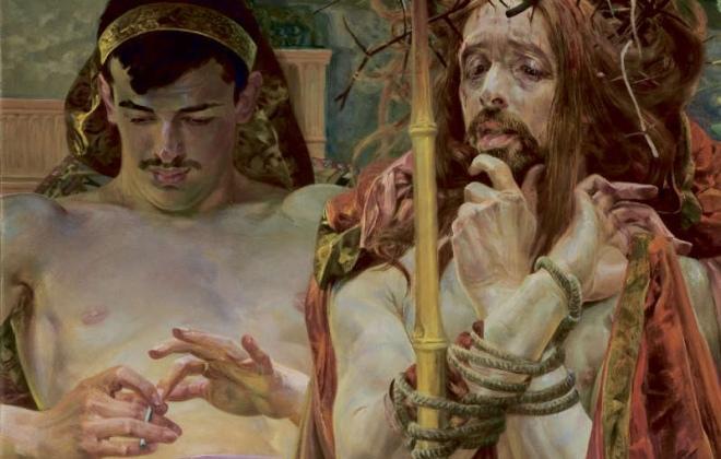 Zadanie 11. (0-3) Jacek Malczewski, Chrystus przed Piłatem, olej na płótnie, 1910 r. a) Wyjaśnij zagadkę twarzy Chrystusa, zwróć uwagę na kontekst biograficzny.
