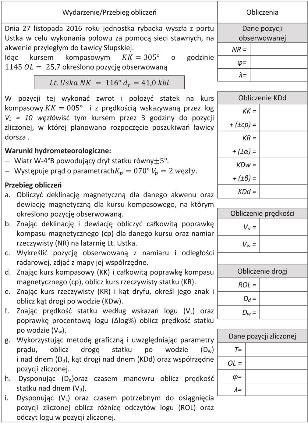Obliczenia nawigacyjne oraz nakres drogi statku na mapie podczas podróży na łowisko Tabela 1.