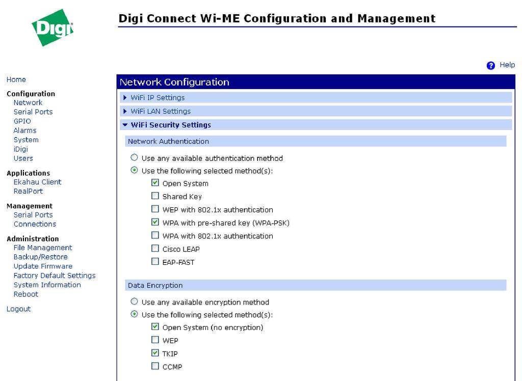 Rys. 11. Okno WiFi Security Settings. Następnie w części WPA PSK w polu Passphrase oraz Confirm należy wprowadzić dowolne hasło które będzie kluczem wykorzystywanym podczas połączenia.