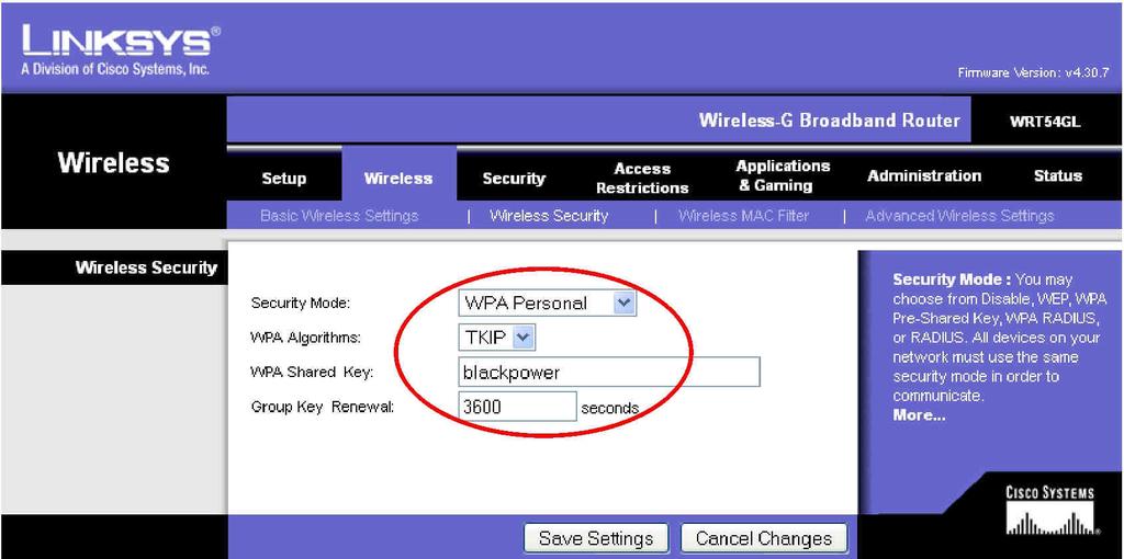 Rys. 12. Okno routera Wireless Security. Zmiany zatwierdzić wciskając przycisk Save Settings a następnie potwierdzając jeszcze przyciskiem Continue. Teraz dopiero należy zresetować interfejs Wi-Fi.