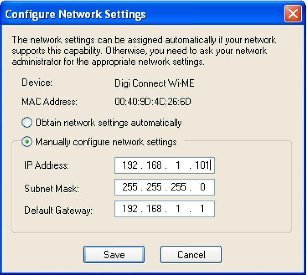 Rys. 5. Okno ustawień sieciowych. W oknie ustawień należy zaznaczyć opcję Manually configure network settings i w odblokowanej rubryce zmienić adres sieciowy IP interfejsu na 192.168.1.101.