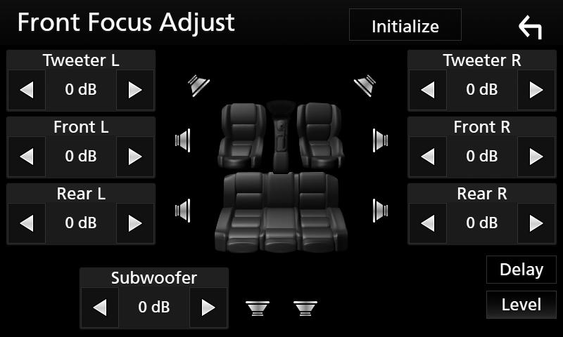 Jeśli obraz dźwięku jest przesunięty w stosunku do przodu, dostosować go przy użyciu opcji [Sound Image LR (Front)] lub [Sound Image LR (Rear)]. Subwoofer Delay Dostosować opóźnienie subwoofera.