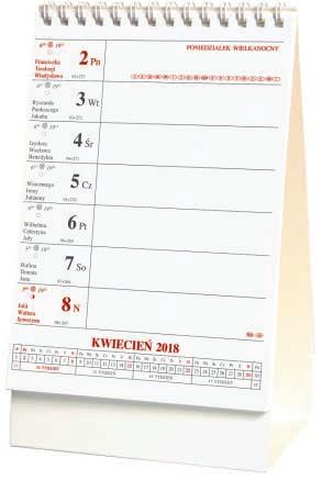 KALENDARZE BIURKOWE KALENDARZ STOJĄCY Praktyczny kalendarz stojący na biurko w układzie tygodniowym. Posiada przejrzysty układ graficzny kalendarium z dużym obszarem do notowania.