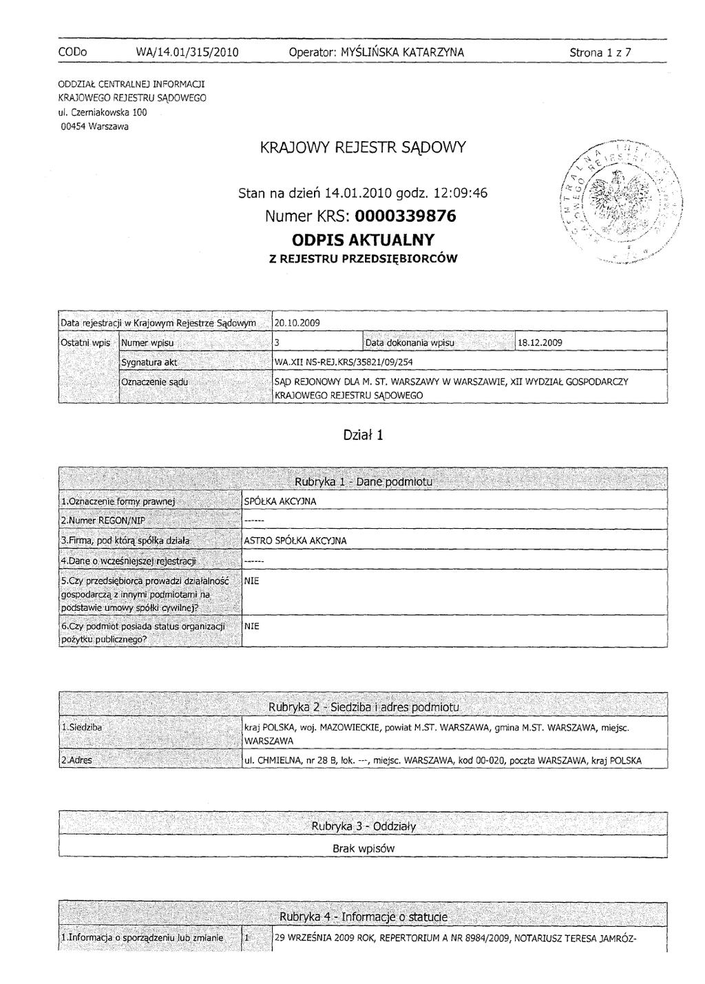 Rozdział 6 Załączniki Załącznik nr 1 - odpis aktualny