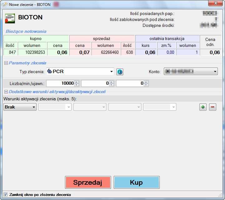 W programie BossaTraderPRO składając zlecenie po cenie rynkowej, w oknie nowego zlecenia ustawiamy Typ zlecenia na PCR i wybieramy Rachunek inwestycyjny.