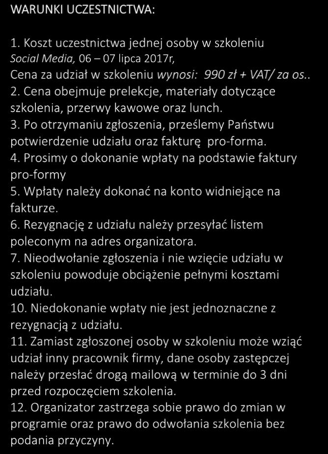 Formularz zgłoszeniowy Social media: wykorzystaj potencjał najpopularniejszego kanału społecznościowego. Facebook bez tajemnic. Zarezerwuj już dziś! Wypełniony formularz wyślij na e-mail: k.