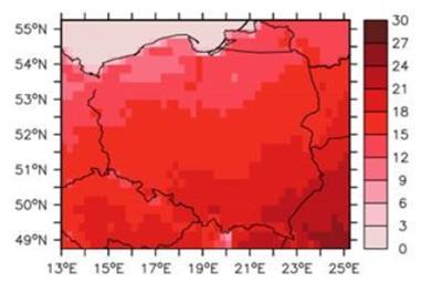 Różnica długości okresów z opadem >10 mm (liczba dni) Różnica długości okresów suchych: opad < 1mm (liczba dni) Wzrost okresów upalnych (z temperaturą