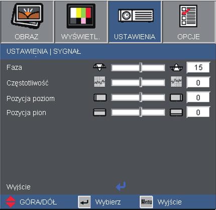 Elementy sterowania użytkownika USTAWIENIA Sygnał Opcja Sygnał jest obsługiwanawyłącznie dla analogowego sygnału VGA. (RGB). Faza Synchronizuje taktowanie sygnału wyświetlania karty graficznej.