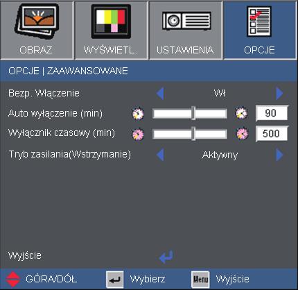 Elementy sterowania użytkownika OPCJE Zaawansowane Bezp. Włączenie 