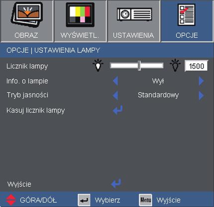 Elementy sterowania użytkownika OPCJE Ustawienia lampy Licznik lampy Wyświetla czas projekcji. Info.