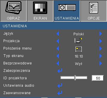 Elementy sterowania użytkownika USTAWIENIA Język Wybór wielojęzycznego menu OSD. Naciśnij lub w celu przejścia do podmenu, a następnie użyj przycisku lub przycisk w celu wyboru preferowanego języka.