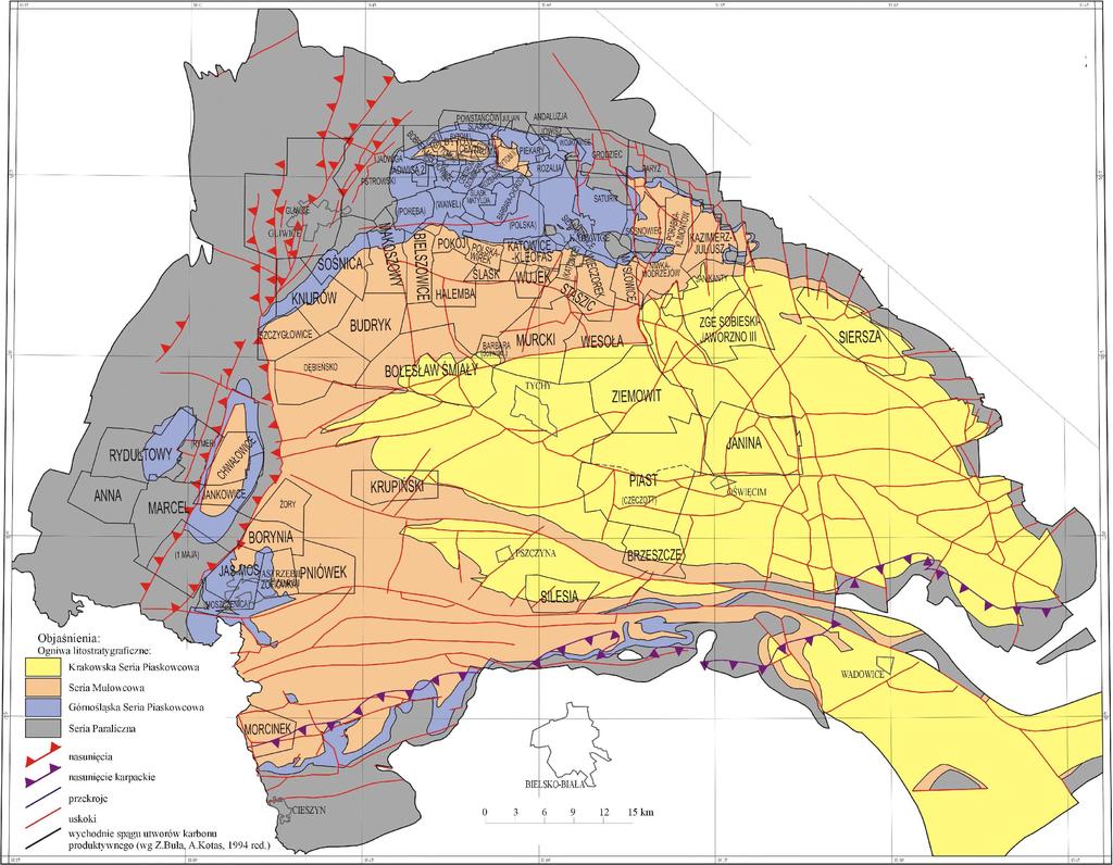 Szkic budowy geologicznej Górnośląskiego Zagłębia Węglowego według Państwowego Instytutu Geologicznego (Buła, Kotas 1994) Strefa tektoniki fałdowej ciągnie się wąskim pasem wzdłuż zachodniej granicy