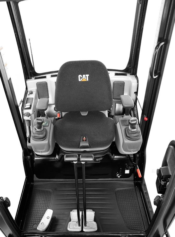 Wydajność i komfort Przestronne stanowisko pracy i ergonomicznie rozmieszczone elementy sterowania. Komfortowa kabina Stanowisko pracy operatora modelu Cat 301.7D jest przestronne i komfortowe.