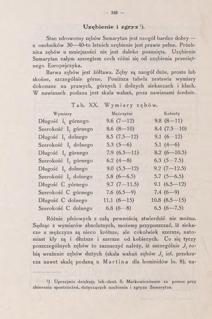348 - Uzębienie i zgryz Stan zdrowotny zębów Samarytan jest naogół bardzo dobry u osobników 30 40-to letnich uzębienie jest prawie pełne. Próchnica zębów u mniejszości nie jest daleko posunięta.