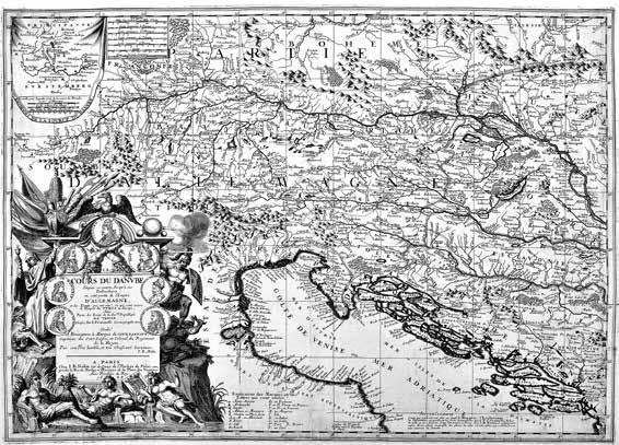 il. 11 Mapa dorzecza Dunaju - część zachodnia, Maria Vincenzo Coronelli, Jean Baptiste Nolin, Francja 1688; Muzeum Pałacu Króla Jana III w Wilanowie, nr inw. Wil. 6108/1; fot.