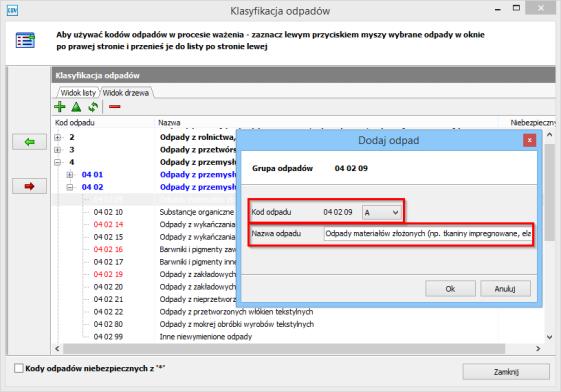 12.1 Lista odpadów Program GSW zawiera aktualną listę odpadów wraz z przyporządkowanymi do nich kodami.