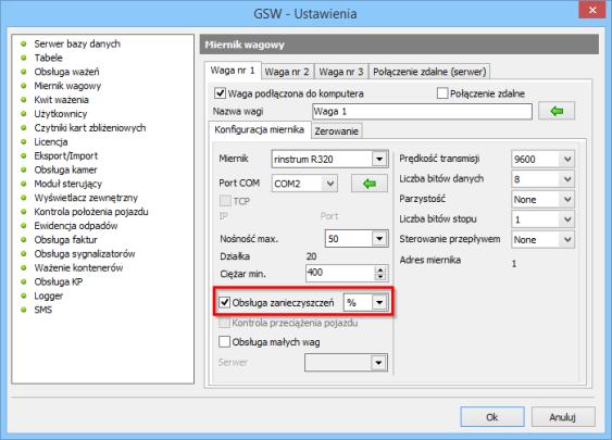 Aby uruchomić obsługę zanieczyszczeń w programie GSW należy: 1. W menu głównego okna programu przejść do Narzędzia/Ustawiania 2. Przejść do zakładki Miernik wagowy 3.