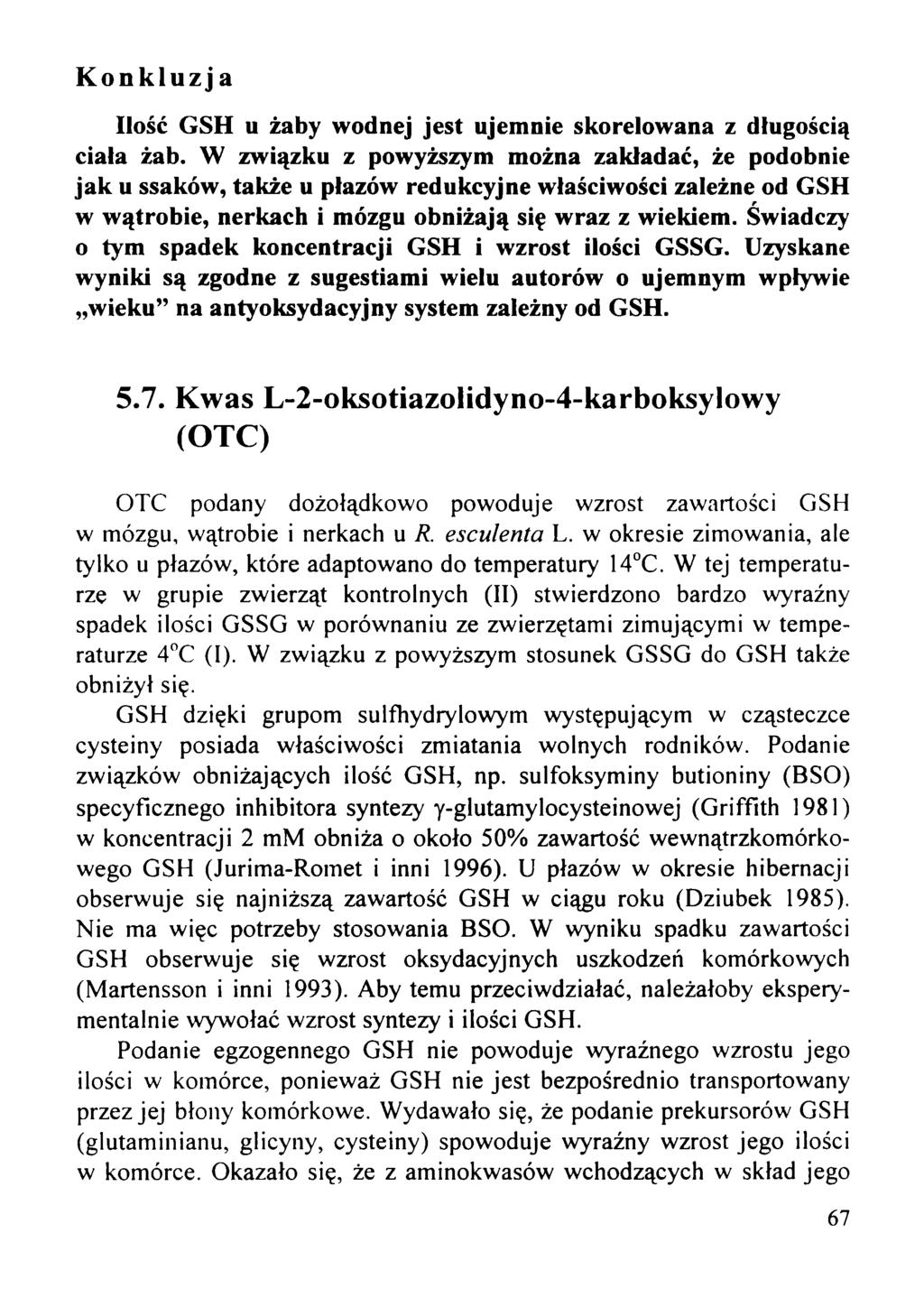 Ilość GSH u żaby wodnej jest ujemnie skorelowana z długością ciała żab.