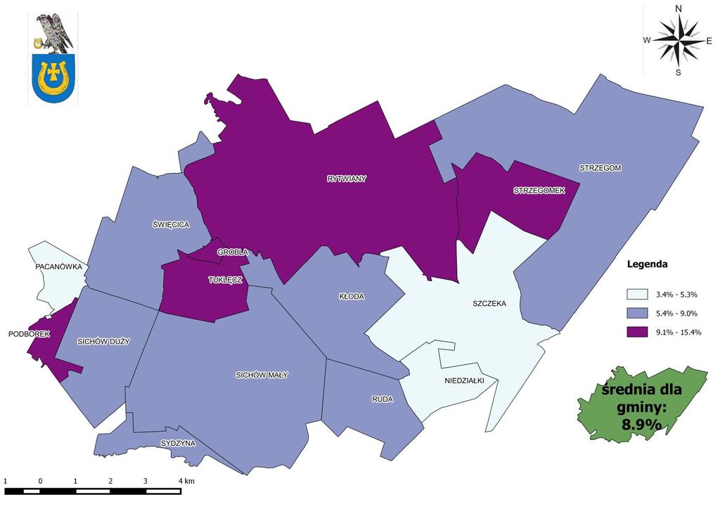 Mapa 15 Rozkład wartości wskaźnika udział bezrobotnych zarejestrowanych w ludności w wieku produkcyjnym w poszczególnych