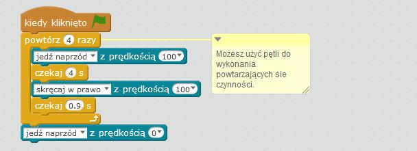 Uwagi: W miarę słabnących baterii robot będzie poruszał się z coraz mniejszą prędkością. Spowoduje to zauważalne zmiany zaprogramowanego toru jazdy.