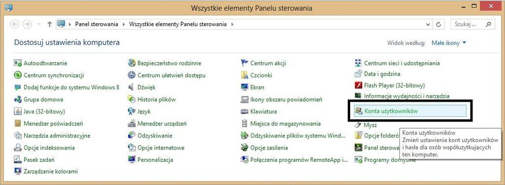 Rys. 1 - Wybór ikony Konta użytkowników w systemie Windows Vista, 7 lub 8 - wygląd