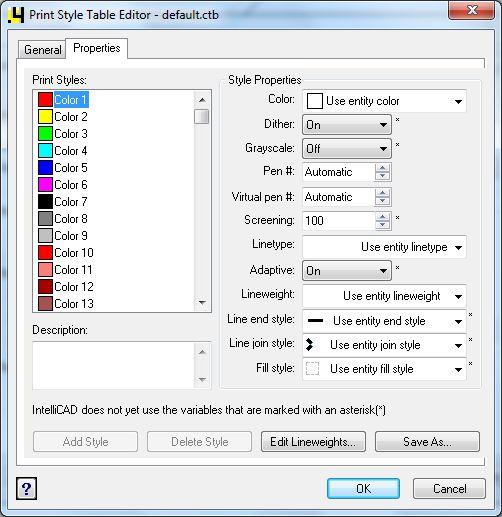 w nowo otwartym oknie dialogowym o nazwie Print Style Table Editor default.ctb (pl.: tabela edytora stylu wydruku) (Rys.