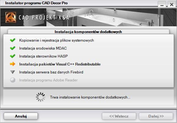 Kolejne etapy instalacji komponentów dodatkowych można śledzić na liście.