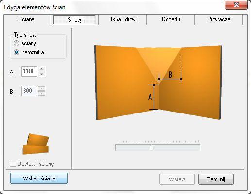 Instrukcja obsługi programu CAD Decor PRO Jeśli w skosie ma być umieszczone okno, to podczas określania parametrów skosu należy zaznaczyć opcję Dostosuj ścianę.