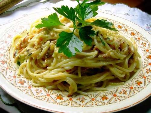 Przepis miesiąca - Carbonara Składniki: - 35 dag boczku wędzonego, - 15 jajek, - 1 cebula, - 10-15 dag parmezanu, - 1 kg makaronu spaghetti - sól, - pieprz, - oregano, - bazylia, - zielona pietruszka