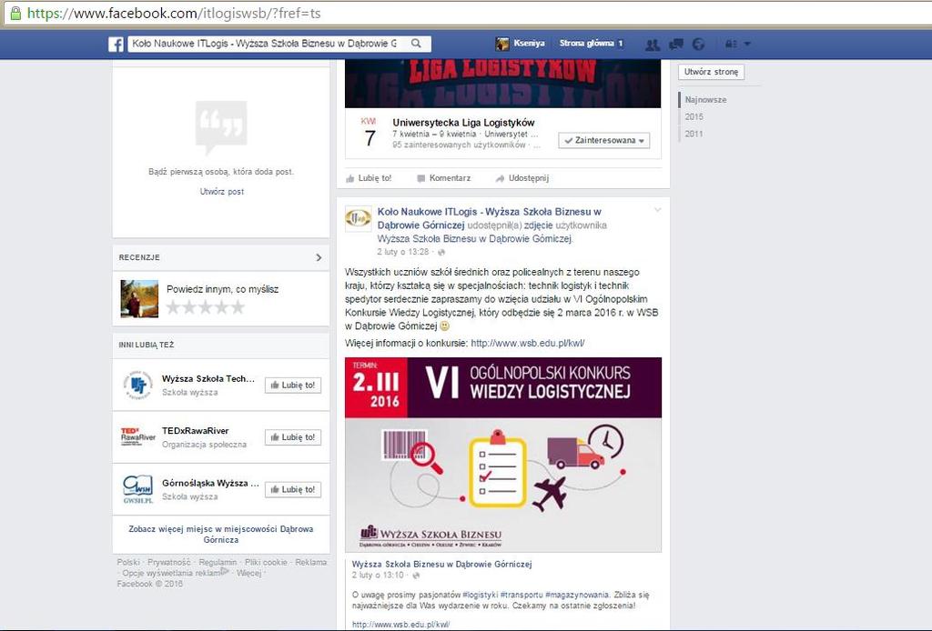* Utworzenie fanpage u Koła
