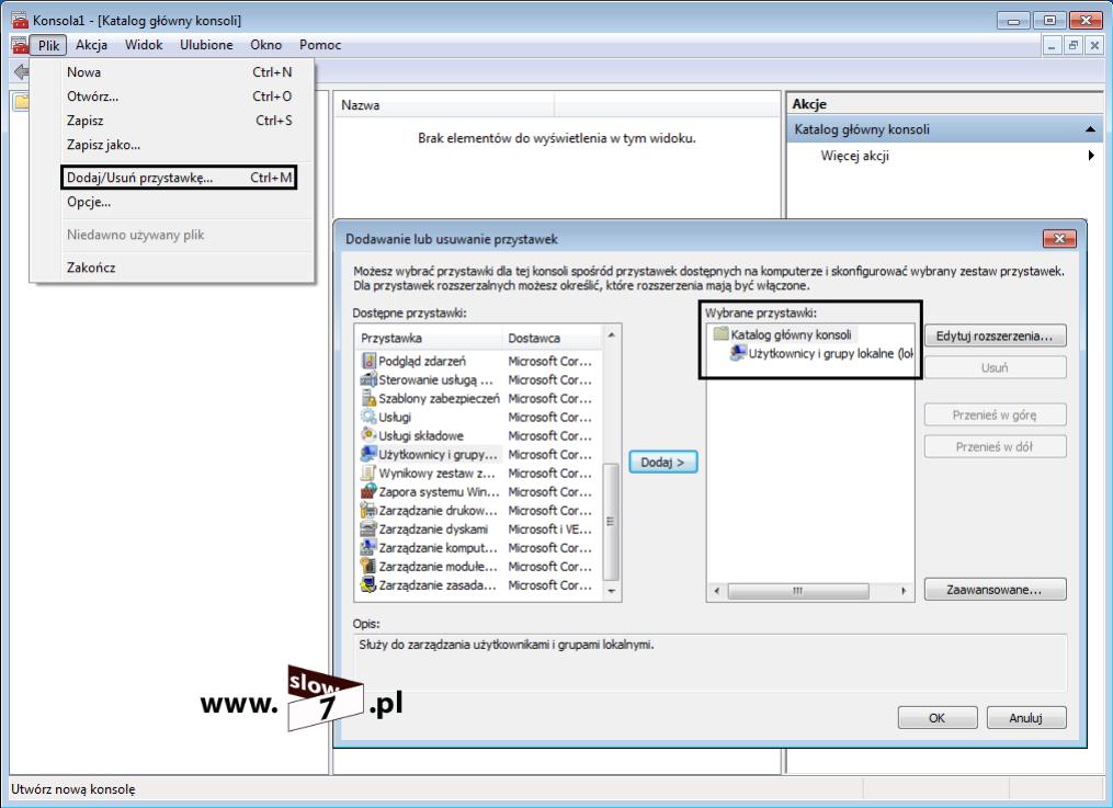 14 (Pobrane z slow7.pl) Dodanie przystawki zrealizujemy po wybraniu z menu konsoli MMC opcji Plik a następnie Dodaj/Usuń przystawkę.