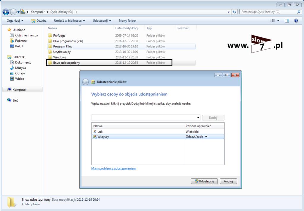 Udostępnienie realizujemy po zaznaczeniu danego folderu i po wybraniu z menu kontekstowego Udostępnij a następnie Określone osoby bądź po