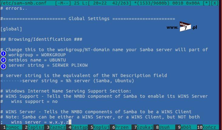 conf (edycję przeprowadzamy z uprawnieniami root-a oraz z wykorzystaniem edytora mcedit). Plik smb.