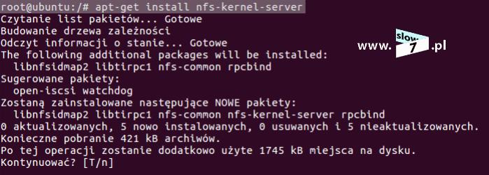 Aby móc rozpocząć udostępnianie zasobów w sieci wydajemy polecenie: apt-get install nfs-kernel-server