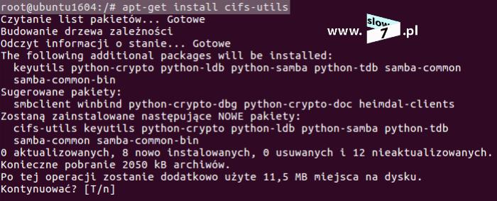 4 (Pobrane z slow7.pl) Po prawidłowym zainstalowaniu pakietu cifs-utils tworzymy katalog do którego zamontujemy udostępniony folder w systemie Windows (punkt 1).