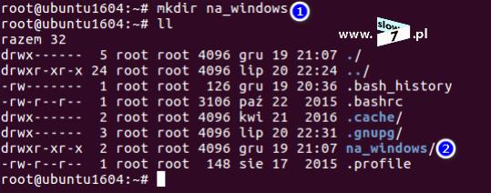 Nazwa katalogu została ustalona na: na_windows a został on utworzony w katalogu domowym użytkownika root.