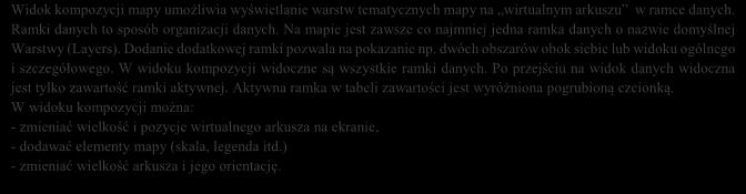 2.7 Przygotowanie arkusza mapy 2.7.1 Widok kompozycji mapy Widok (View) Widok kompozycji (Layaout View), albo przycisk w lewym dolnym rogu Map Display Widok kompozycji mapy umożliwia wyświetlanie