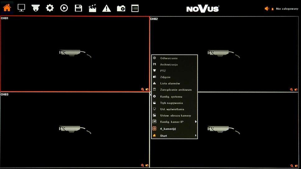 NVR-5304, NVR-5308 Instrukcja obsługi wer. 1.1 MENU REJESTRATORA 4. MENU REJESTRATORA 4.1. Obserwacja obrazów z kamer Rejestratory sieciowe NOVUS posiadają wielopoziomowe menu wyświetlane na ekranie monitora służące do obsługi i programowania.