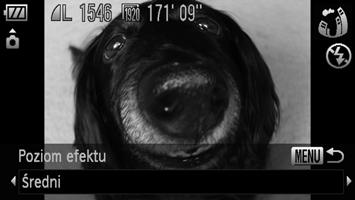 Fotografowanie z zastosowaniem efektu rybiego oka (Efekt rybiego oka) Umożliwia fotografowanie z użyciem efektu zniekształcającego, który naśladuje obiektyw typu rybie oko. Wybierz ikonę.